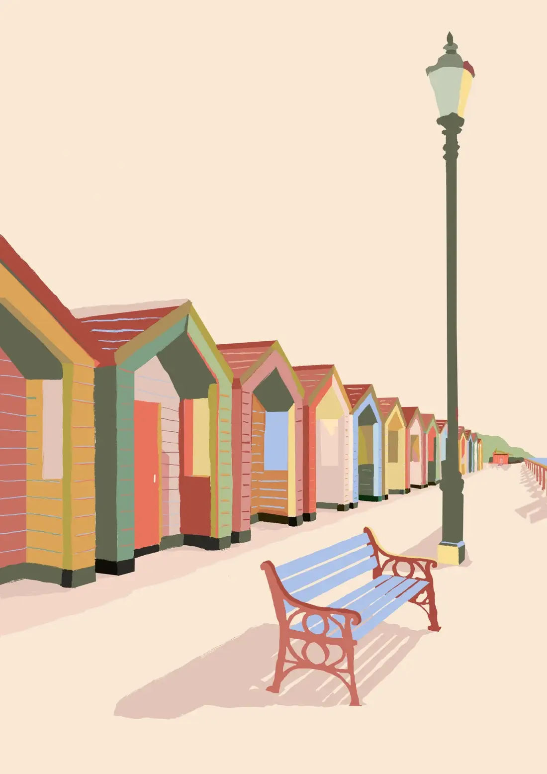 Beach Huts — The whole row, running away down the lower prom.